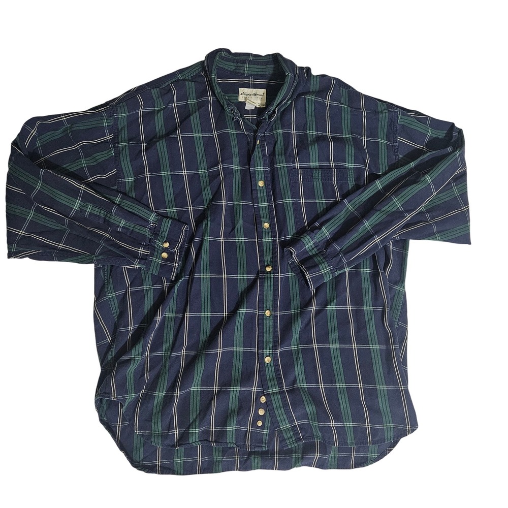 Eddie Bauer Mens XXL Navy Blue Green Plaid Cotton Button Down Shirt Long Sleeve